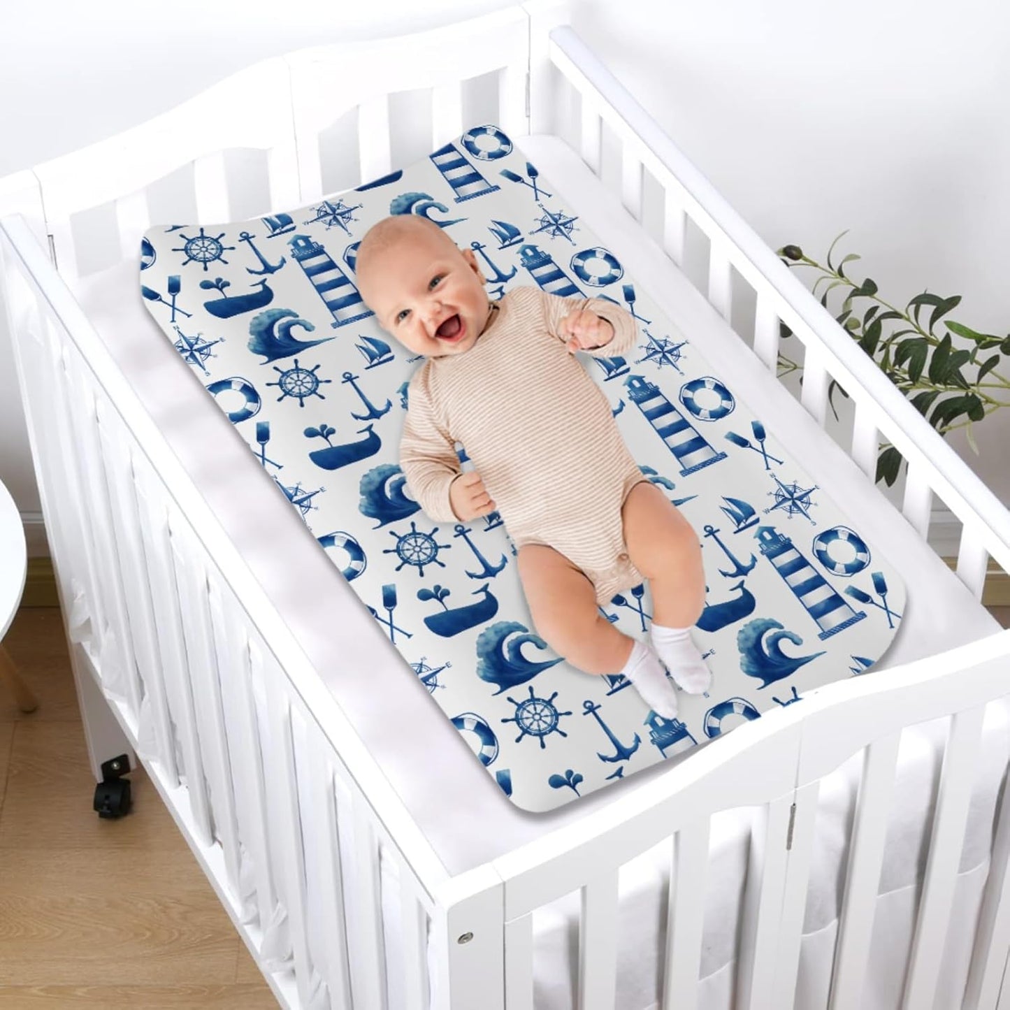 Nautical Life Changing Pad Cover Navy White Lighthouse Compass Anchor Whale Wave Diaper Change Table Cover for Baby Boys Girls Soft Stretch Changing Table Mats Sheets 32''x16''