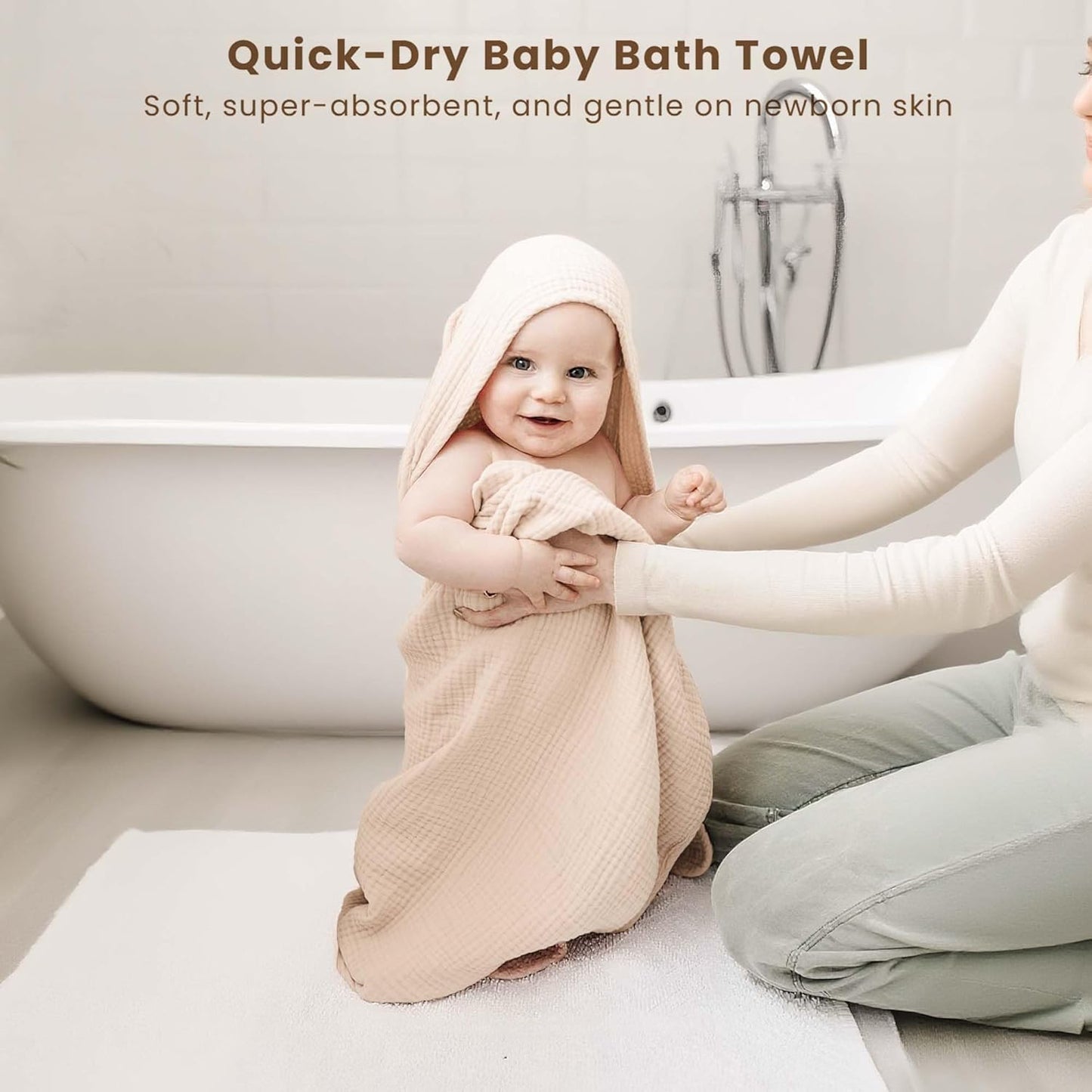 Konssy 2-Pack Muslin Hooded Baby Towels, 100% Cotton, Ultra-Soft & Absorbent Baby Bath Towels with Hood for Newborn & Infant (Cream, Blossom,32" x 32")