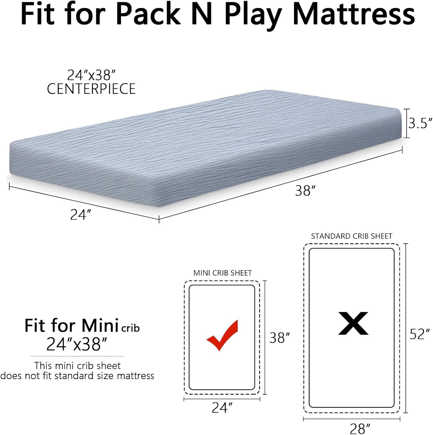 2 Pack Soft Muslin Baby Mini Crib Sheets, 100% Cotton Breathable Double Layer Fitted Sheets for Mini Crib and Pack N Play Mattresses 24x38 Inches, for Baby Girls and Boys (Beige & Grey