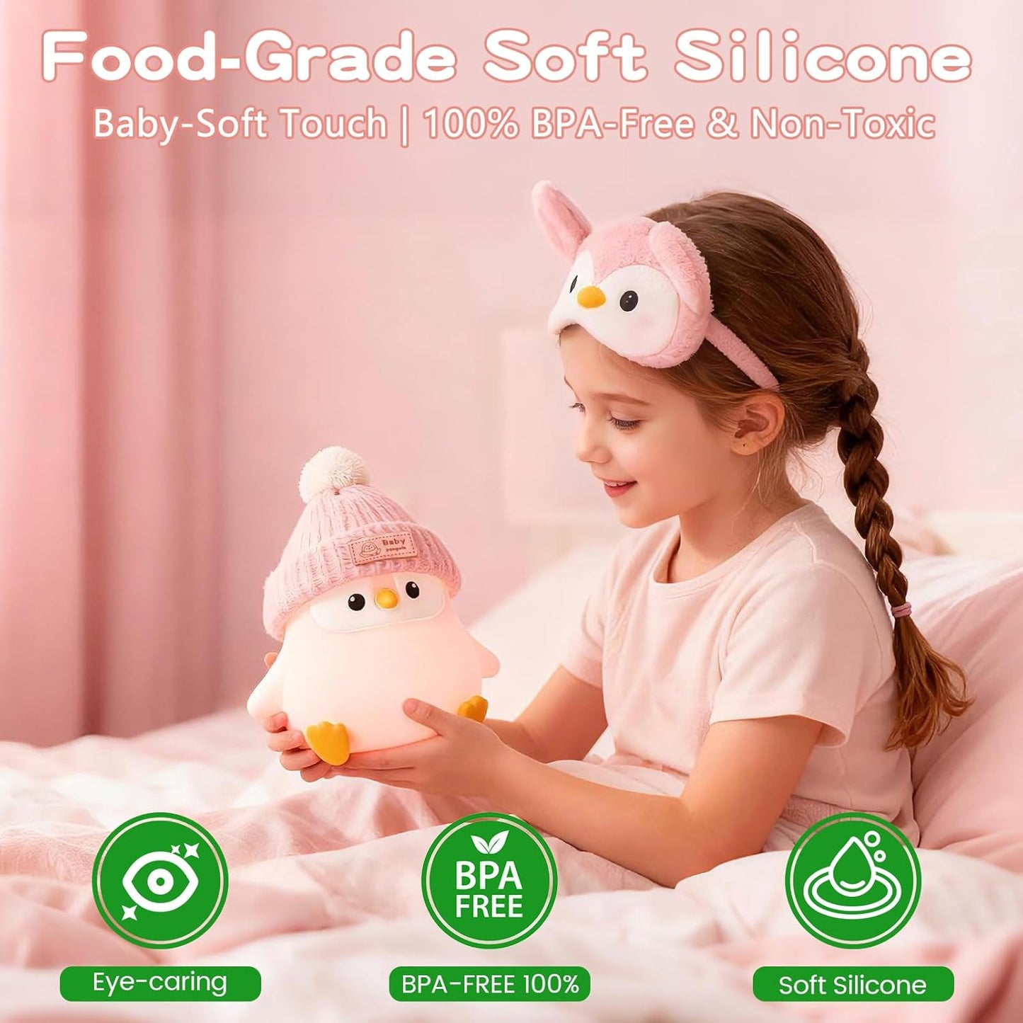 Penguin Silicone Night Light, Cute Pink Penguin Lamp with Knitted Hat, Soft Nursery Nightlight, USB Rechargeable/Dimmable,LED Squishy Novelty Animal Bedside Lamp,Funny Gifts for Kids/Girls
