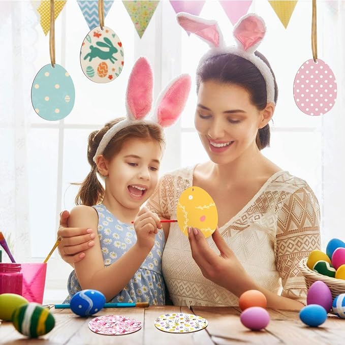 Eggs Shape 50Pcs Unfinished Wooden Easter Ornaments DIY Craft Present-50-Pack