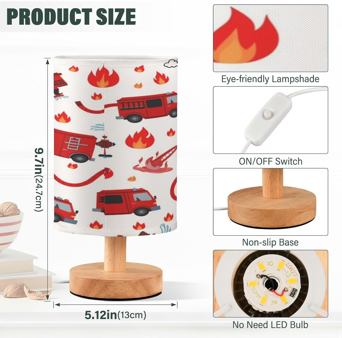 Firefighter Fire Truck Table Lamp for Bedroom Bedside Lamp Desk Lamps Cylinder Nightstand Lamp for Living Room Office Decor
