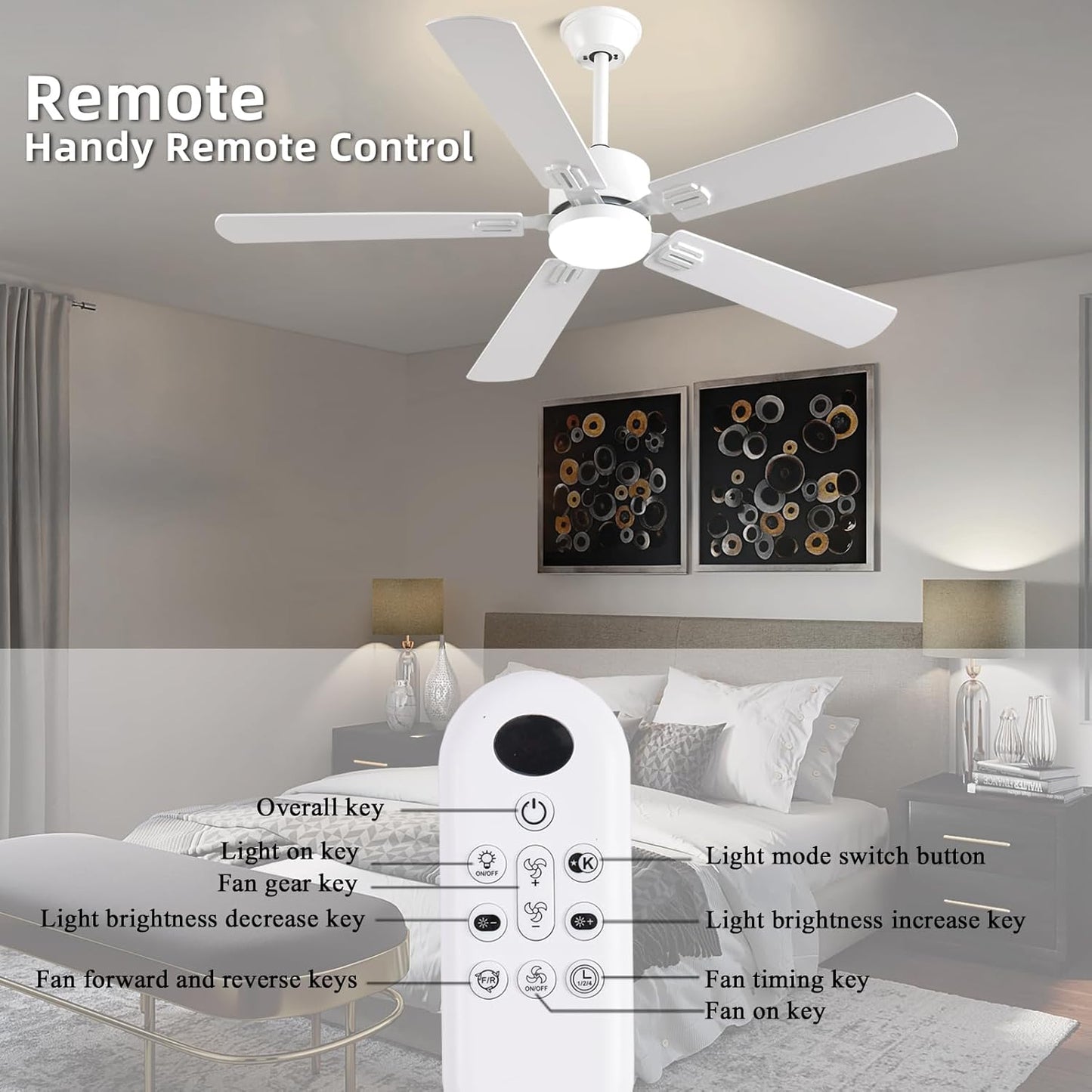 52 inch Modern White Ceiling Fans with Lights APP/Remote Control, Low Profile Reversible 6 Speeds Ceiling Fan Light for Indoor/Outdoor Patio Bedroom Living Room