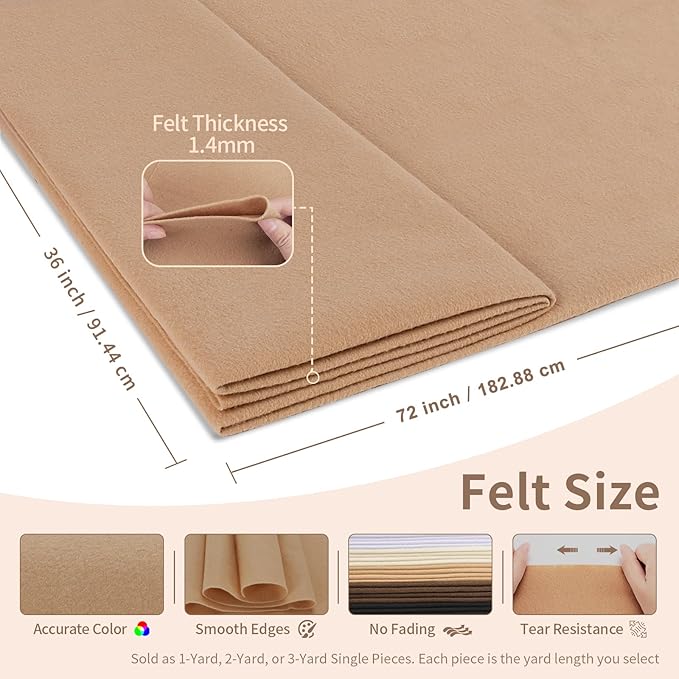 Tan Felt Fabric Sheet 72" X 36", 1.4mm Thick Large Soft Durable Flexible Craft