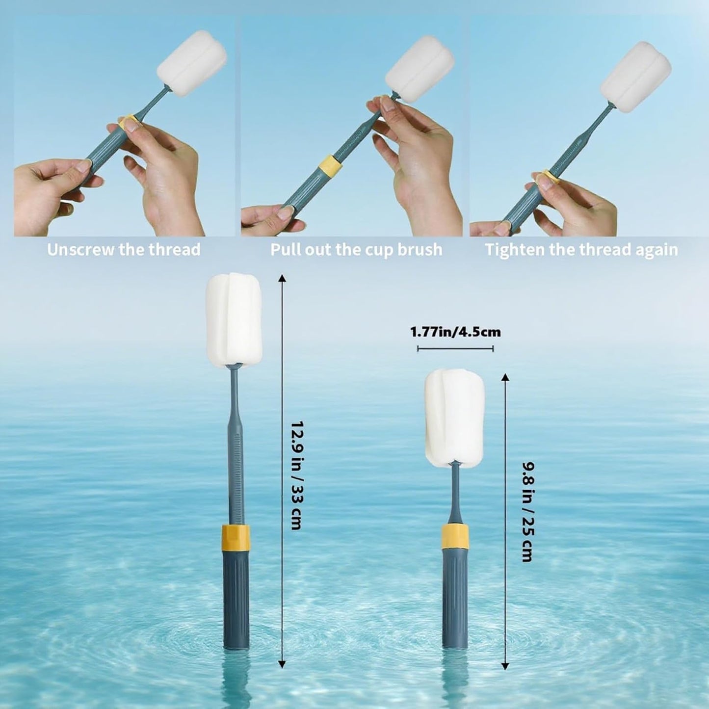 Dishwashing Foam Sponges Brush Telescopic Long Handle Scrubbing Brushes Clean Dishes, Sinks ，Cookware，Coffee Glasses Pot Milk Cup Mugs Wine Bottle (4pcs)