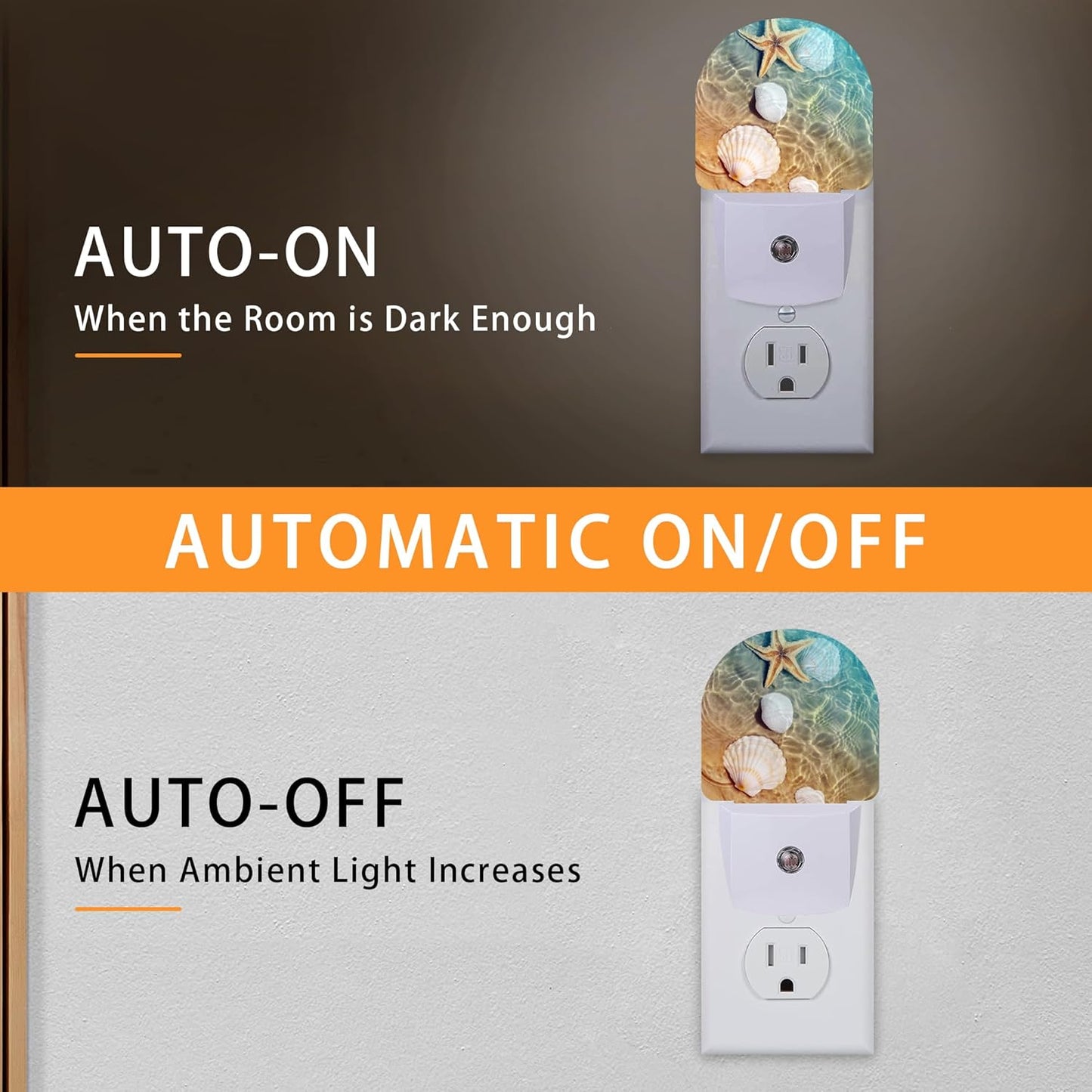 Starfish Shells Night Light,Beach Night Lights Plug into Wall with Dusk to Dawn Sensor,Lamp for Bedroom Bathroom Hallway Nightlight for Women Girls
