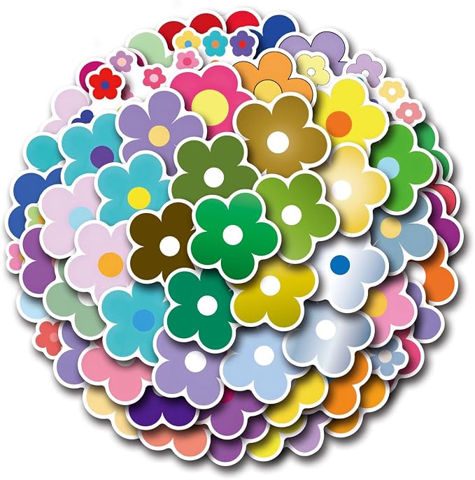 62PCS Colorful Flower Stickers, Waterproof PVC Vinyl Cute Floral Decals
