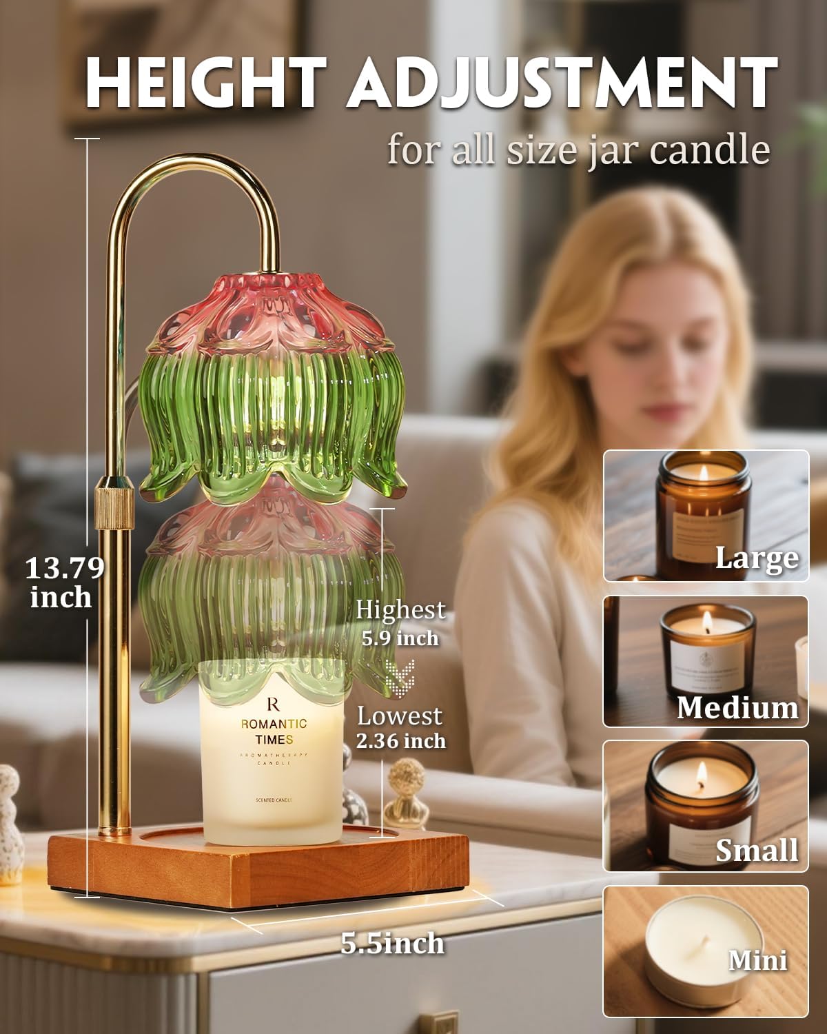 Flower Candle Warmer Lamp with Timer Dimmable, Adjustable Height Gifts for Women Mom Birthday Christmas House Warming Gifts New Home Bedroom Decor, Lotus Candle Warmer Light for Jar Candle Pink Green
