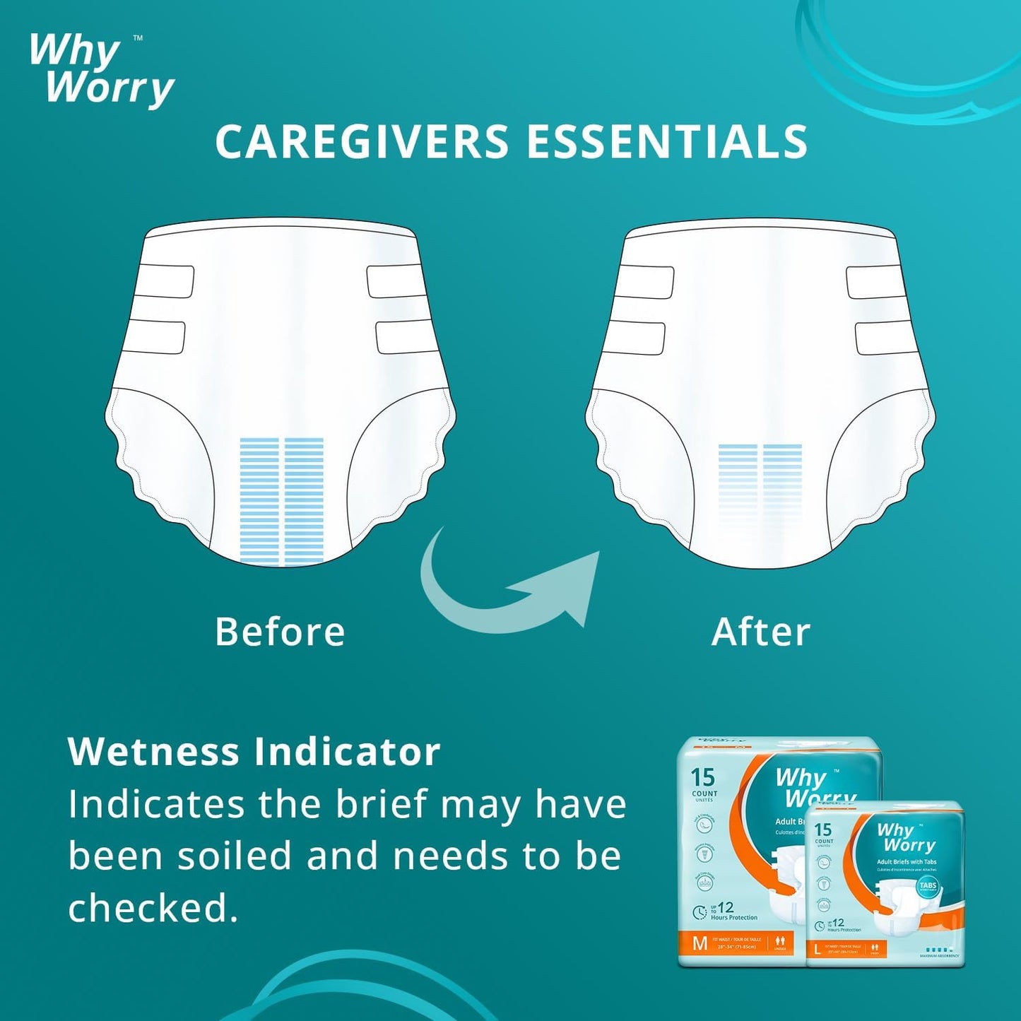 WhyWorry Adult Diapers with Tabs, Disposable Incontinence Briefs for Women & Men with Maximum Absorbency, Adult Briefs for Incontinence Overnight, Odor Control, Unisex, Large, 15 Count