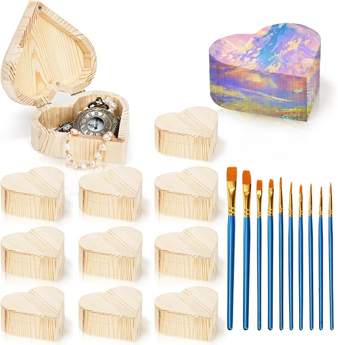 Acshio 12 Pack Unfinished Wood Heart Box, Unpainted DIY Treasure Chest