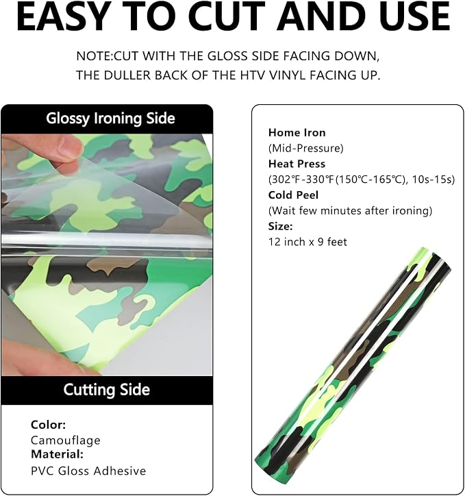 FUNKAKA Camo Army Green HTV Heat Transfer Vinyl Rolls, Stretchy PU HTV Vinyl