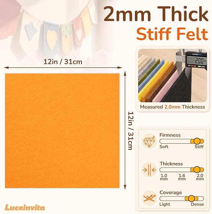 2mm Stiff Felt Sheets 12" X 12" | Thick Polyester Felt Material, DIY Craft