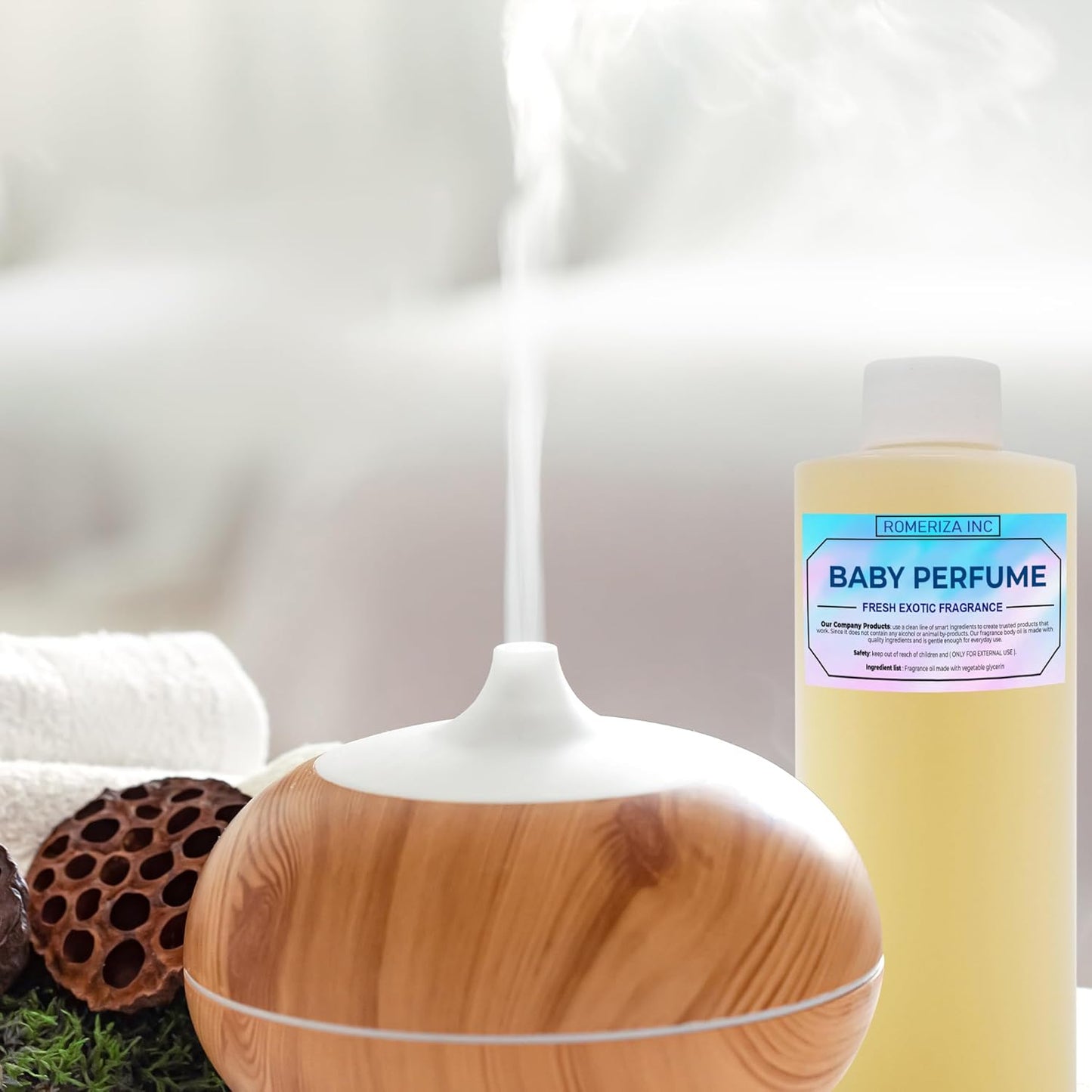 ROMERIZA INC.Baby Essential Fragrance Body Oil – Luxury Unisex Baby Oil Perfume with Long Lasting Baby Powder Scent – Soft Baby Smell, Uncut Perfume Oil, Scented Body Oil for Women & Men – 10 Fl Oz