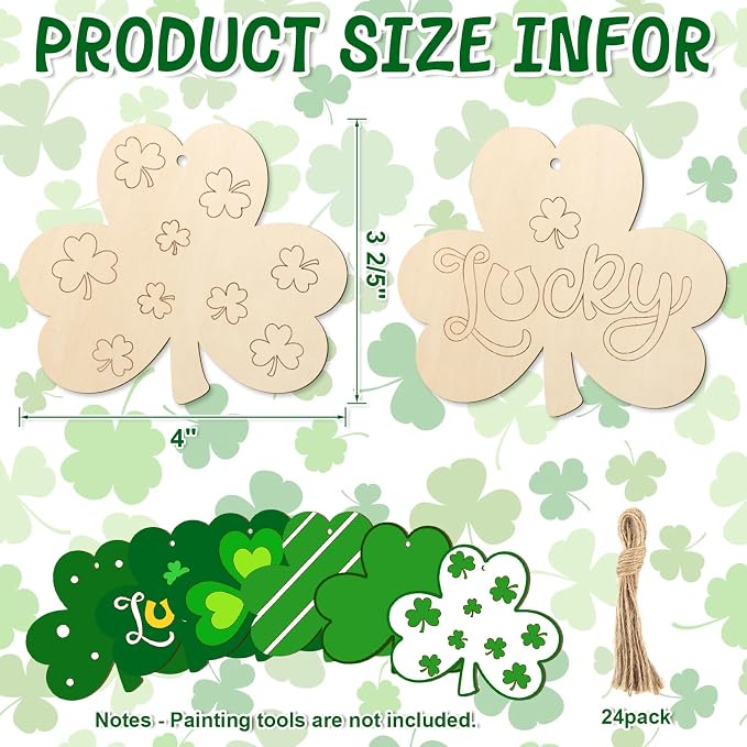 COCHIE St. Patrick's Day Shamrock Wood Crafts to Paint Set of 24, Saint Patrick