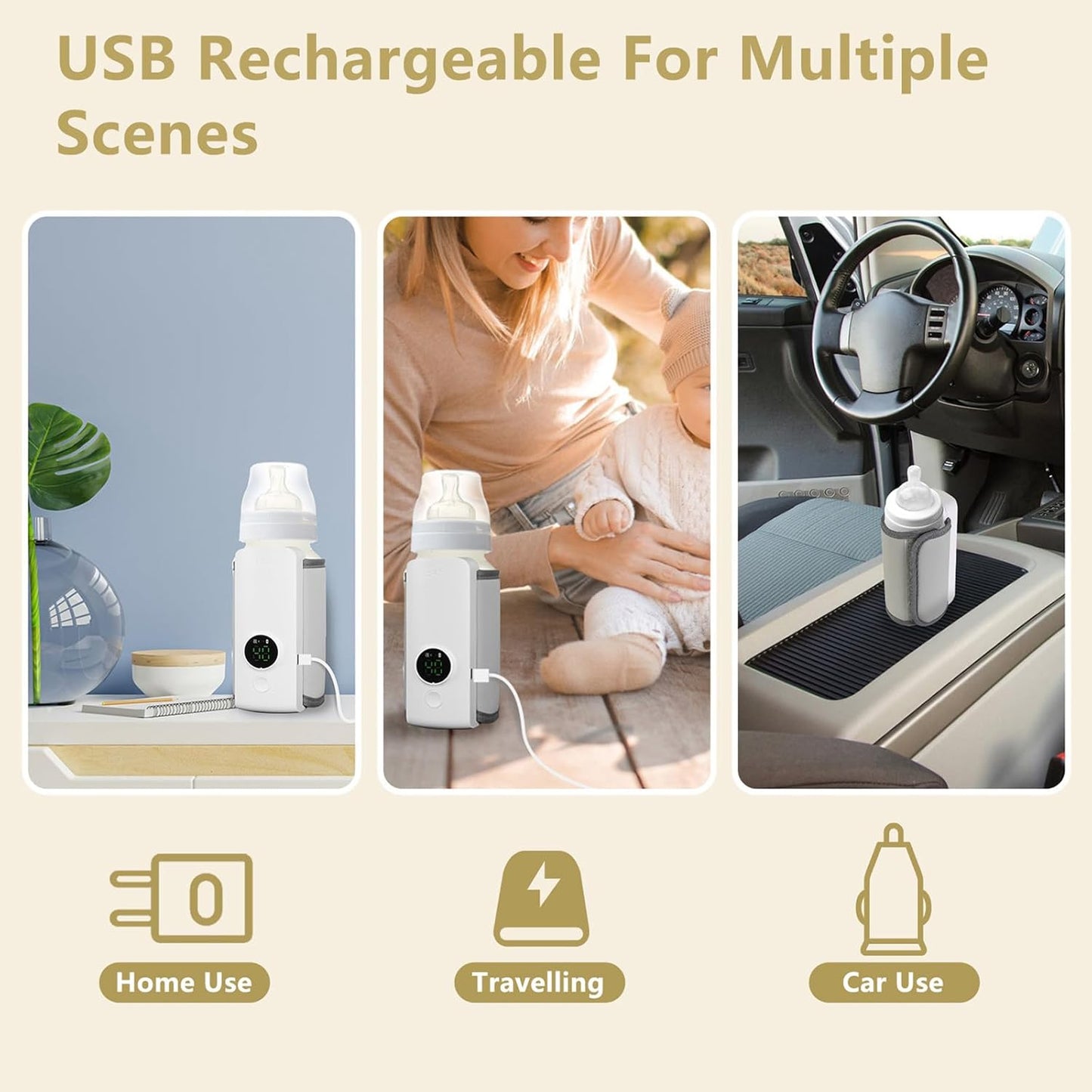 Portable Bottle Warmer for Travel, Baby Bottle Warmer On The Go, Fast Heating, Temperature Digital Display, USB Car Travel Bottle Warmer for Breastmilk and Formula