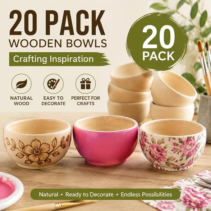ZENFUN 20 Pack Wooden Pinch Bowls, Mini Unfinished Bowl Set