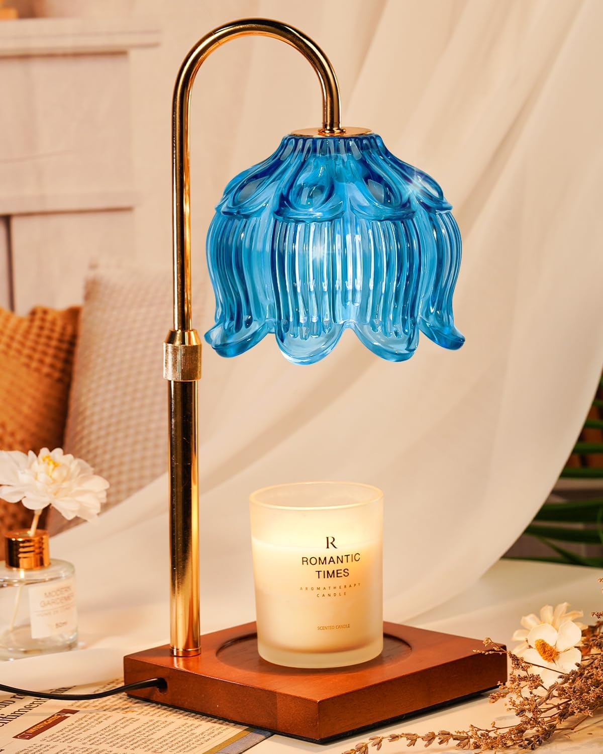 Blue Candle Warmer Lamp with Timer Dimmable, Adjustable Height Gifts for Women Mom Birthday Christmas, House Warming Gifts New Home Bedroom Decor, Lotus Flower Candle Lamp Warmer for Jar Candle