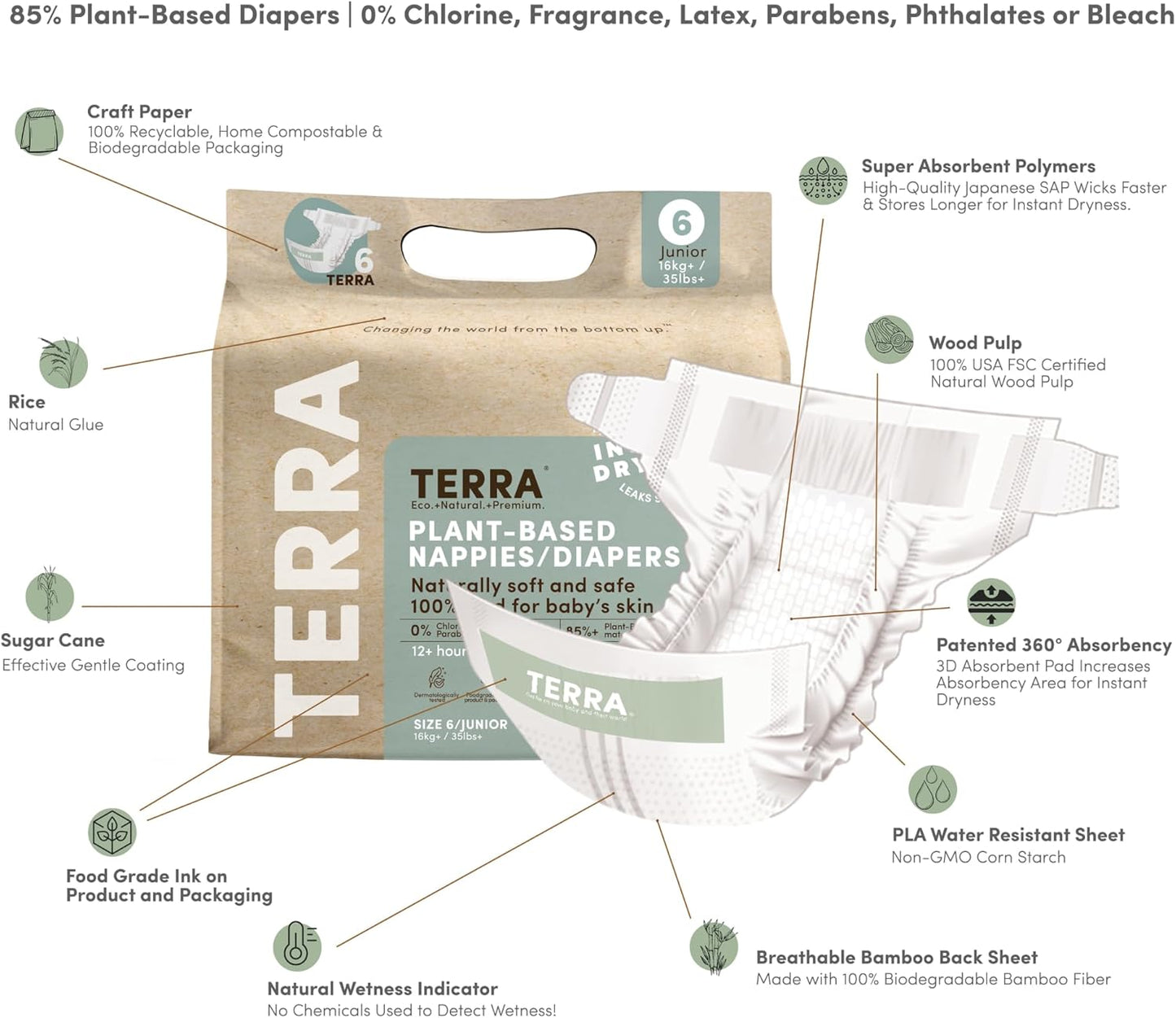 Terra Size 6 Diapers: 85% Plant-Based Diapers, Ultra-Soft & Chemical-Free for Sensitive Skin, 35+ Pounds, 14 Coun (Pack of 8)