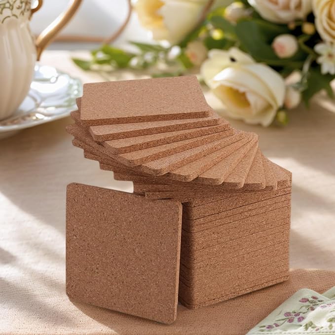 Tebery 30 Pack 4 Inch Square Cork Coasters, 0.2'' Thick Absorbent Drink Pads
