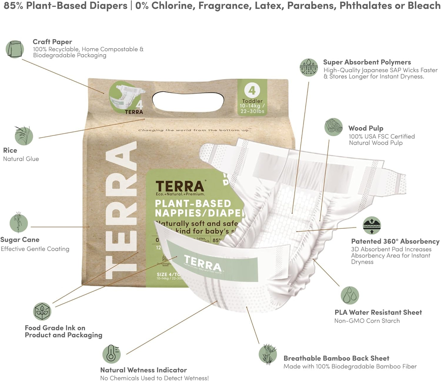 Terra Size 4 Diapers: 85% Plant-Based Diapers, Ultra-Soft & Chemical-Free for Sensitive Skin, 22-30 Pounds, 18 Count (Pack of 8)