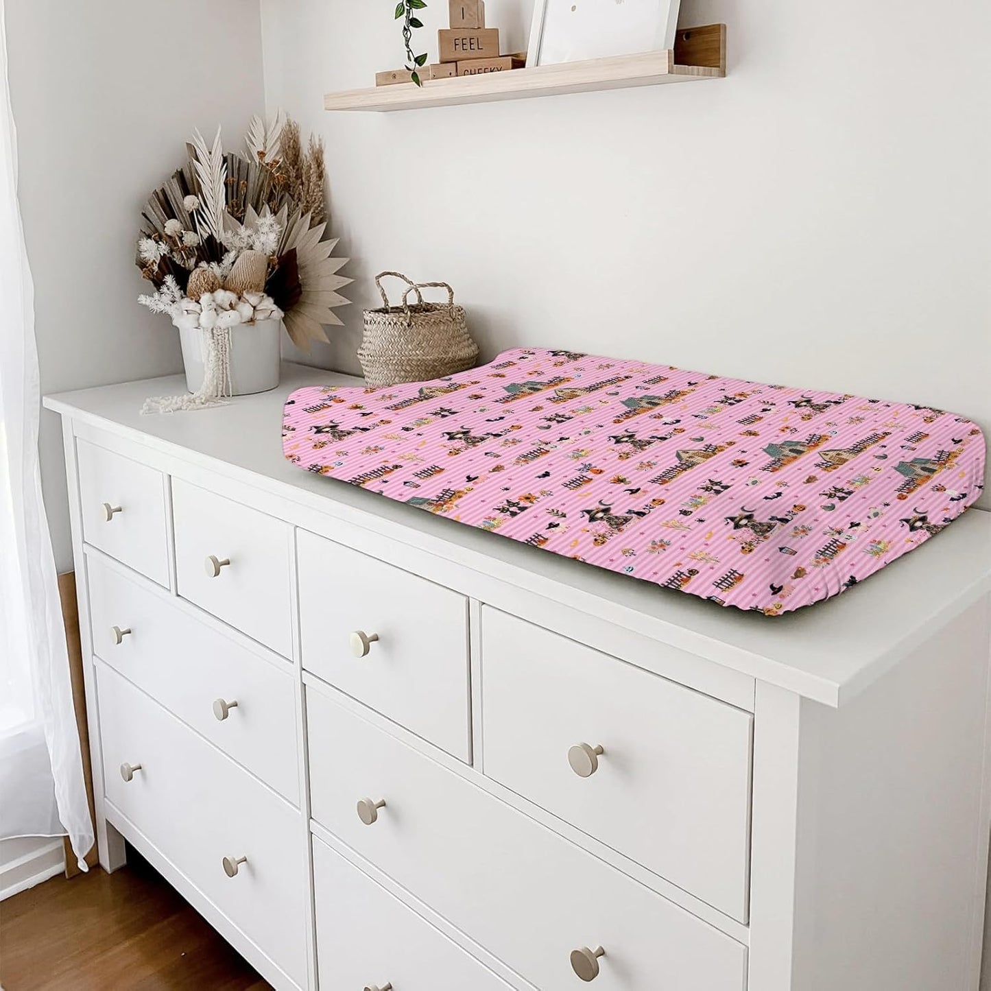 Fall Farm Witch Cats Baby Changing Pad Cover Halloween Farmhouse Pig Hen Bat Moon Pumpkins Floral Nursery Diaper Changing Table Sheets for Boy Girl Soft Stretch Changing Pad Table Mats 32''x16''
