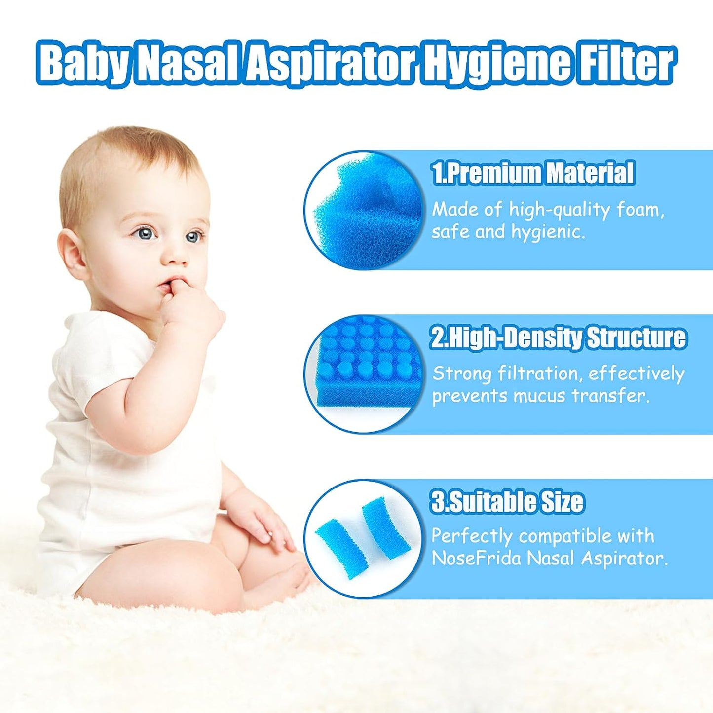 200-Pack of Premium Nasal Aspirator Hygiene Sponges, Replacement for Nosefrida Nasal Aspirator Filters, BPA, Phthalate & Latex-Free (200 Count)