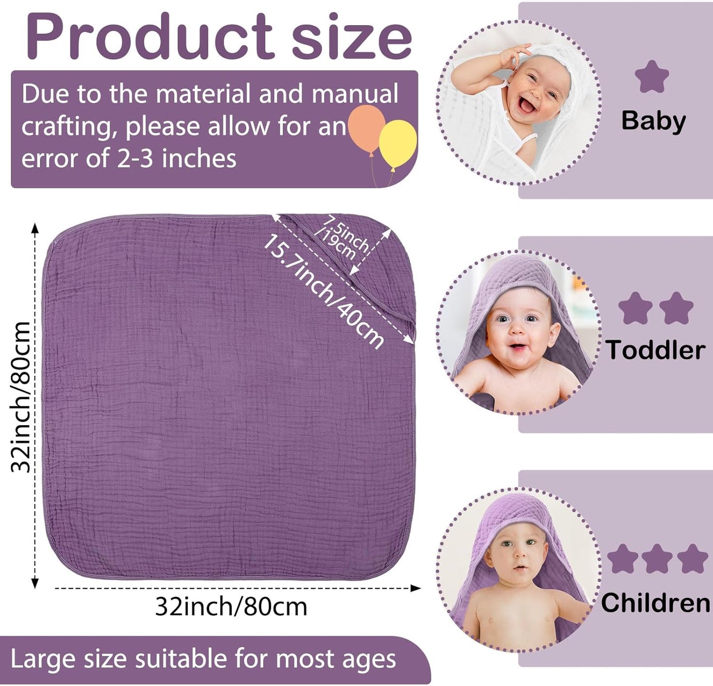 Peryiter 4 Pcs Muslin Hooded Baby Towels, 32"x 32" Cotton Newborn Bath Towel Muslin Infant Baby Blankets Absorbent Unisex Christmas Registry Gift Essentials for Girls Boys (Purple Series)