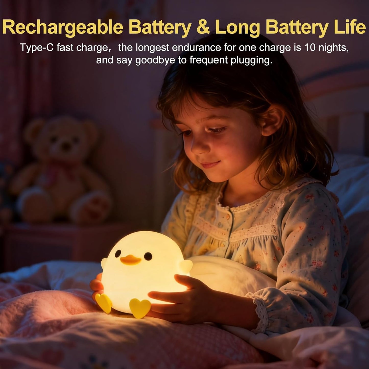 Cute Duck Night Light,Squishy Bean Shape DoDo Duck Lamp with Dimmable LED, Safe Silicone Nightlight for Nursery, Rechargeable Touch Lamp for Bedside Table,Ideal Gift for Children and Teens