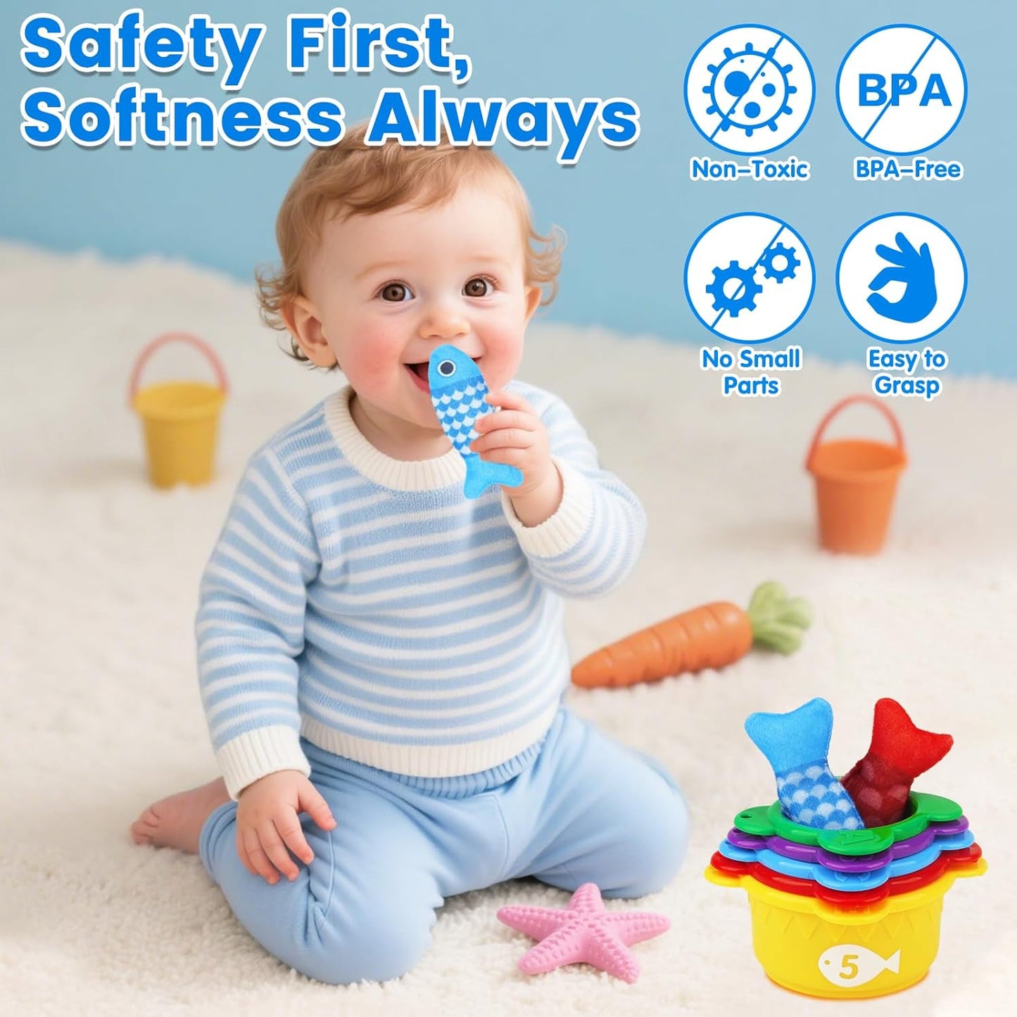 Montessori Toys for 1 Year Old Boy Girl Birthday Gift - Toddler Toys Cloth Fishing Game with Stacking Cups 1-3 - Number Counting Color Sorting Learning Baby Toy 12-18 Months