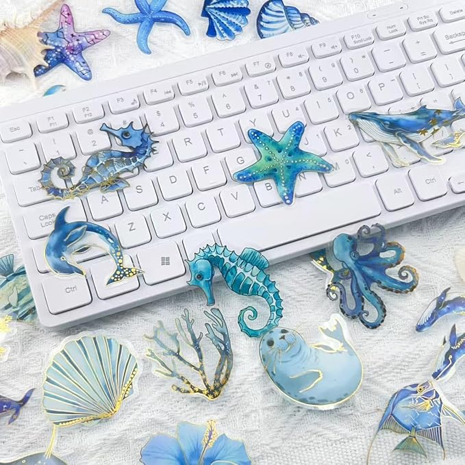 50PCS Marine Animal Stickers Aesthetic Transparent PET Sticker Gold foil