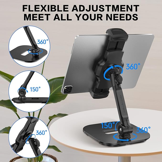 AboveTEK Upgraded Desktop Tablet Stand, 360° Swivel Tablet & Phone Desk Mount Holders for Any 4.7''-13.5'' Display iPad/Cell Phones, Stylish & Sturdy Stands for Store Office Showcase Reception (Black)