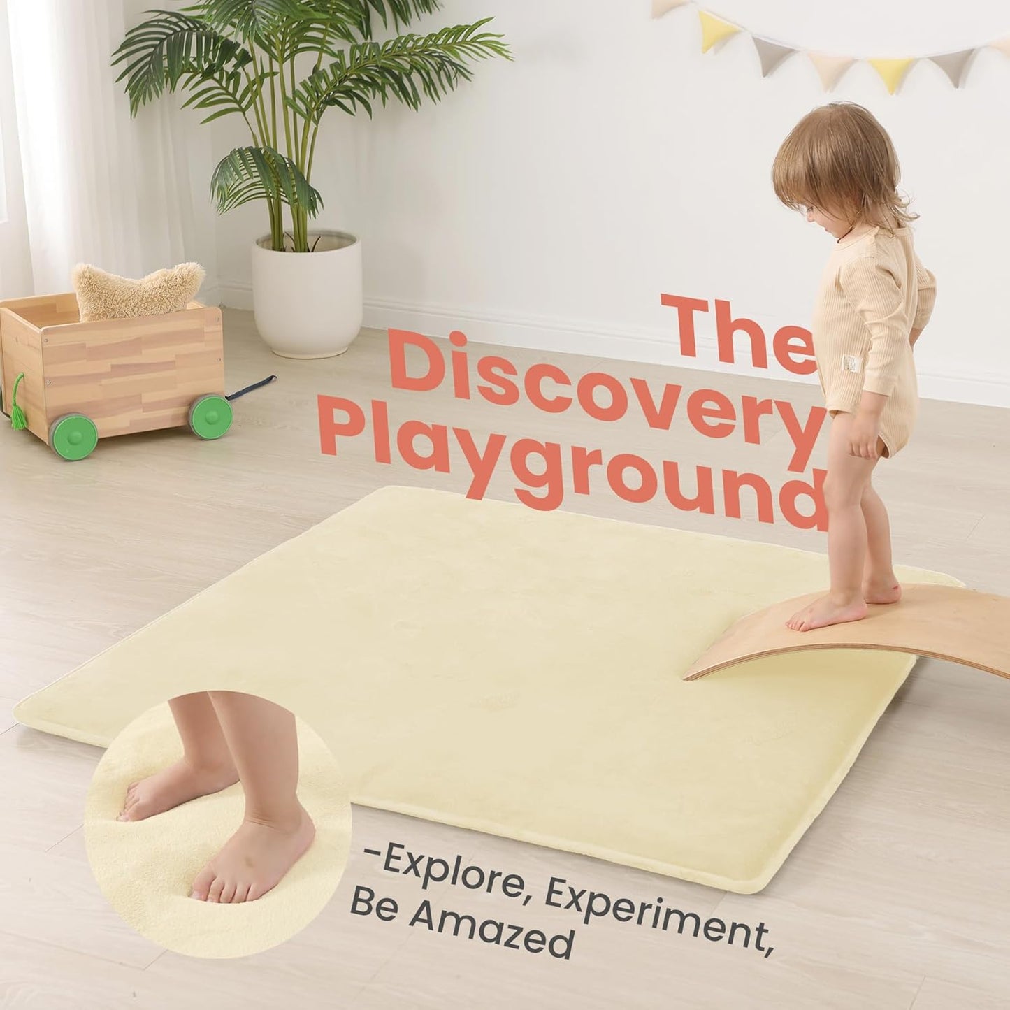 Baby Play Mat for Floor,1.3" Thick Elasti-Foam 50"×50" Playpen Mat for Tummy Time,Water Repellent Soft Coral Velvet for Toddler,Infant,Kids,Non-Slip Backing Safe for Crawling(Vanilla)