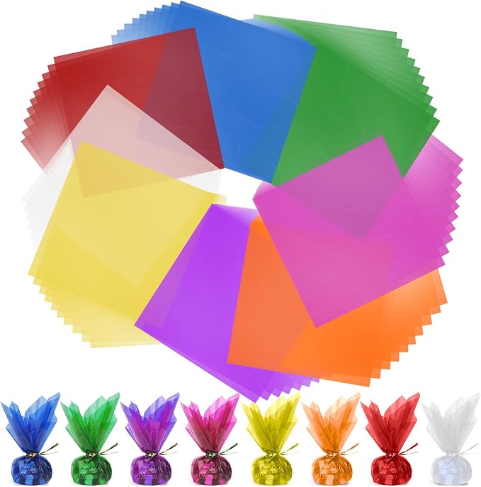 Cellophane Wrap, 8 Multi-Colors, 7.5x7.5 Inch Transparent Plastic Wrap