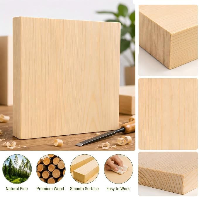 Unfinished Wood Blocks for Crafting, 4 Pack 6 x 6 x 1 Inch Solid Pine Wood