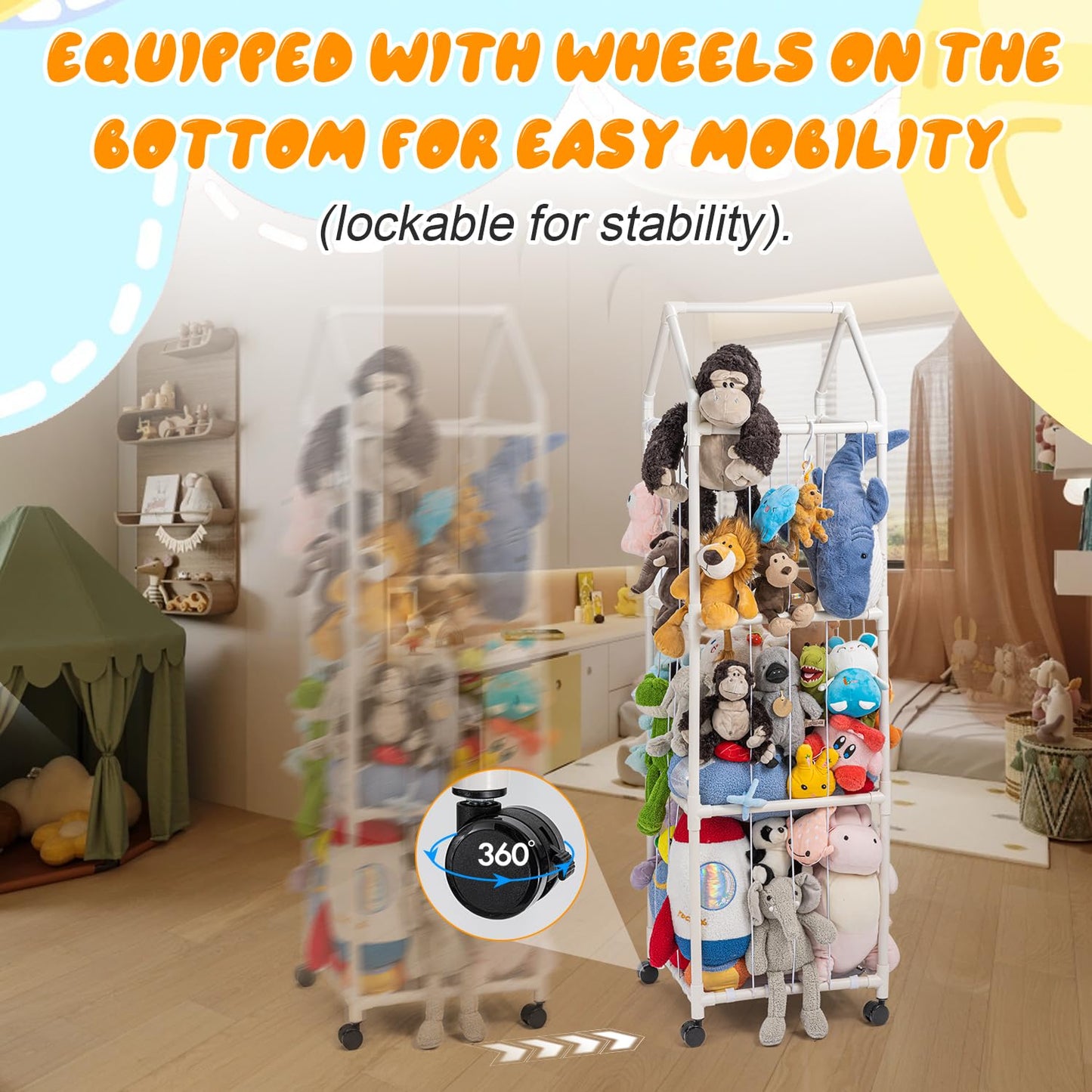 Stuffed Animal Zoo Storage, Extra Large Stuffed Animal Holder with Dust Cloth and Universal Wheels, Toy Storage Organizer, Plush Storage Organizer Shelf for Birthday Gift, Nursery Play Room