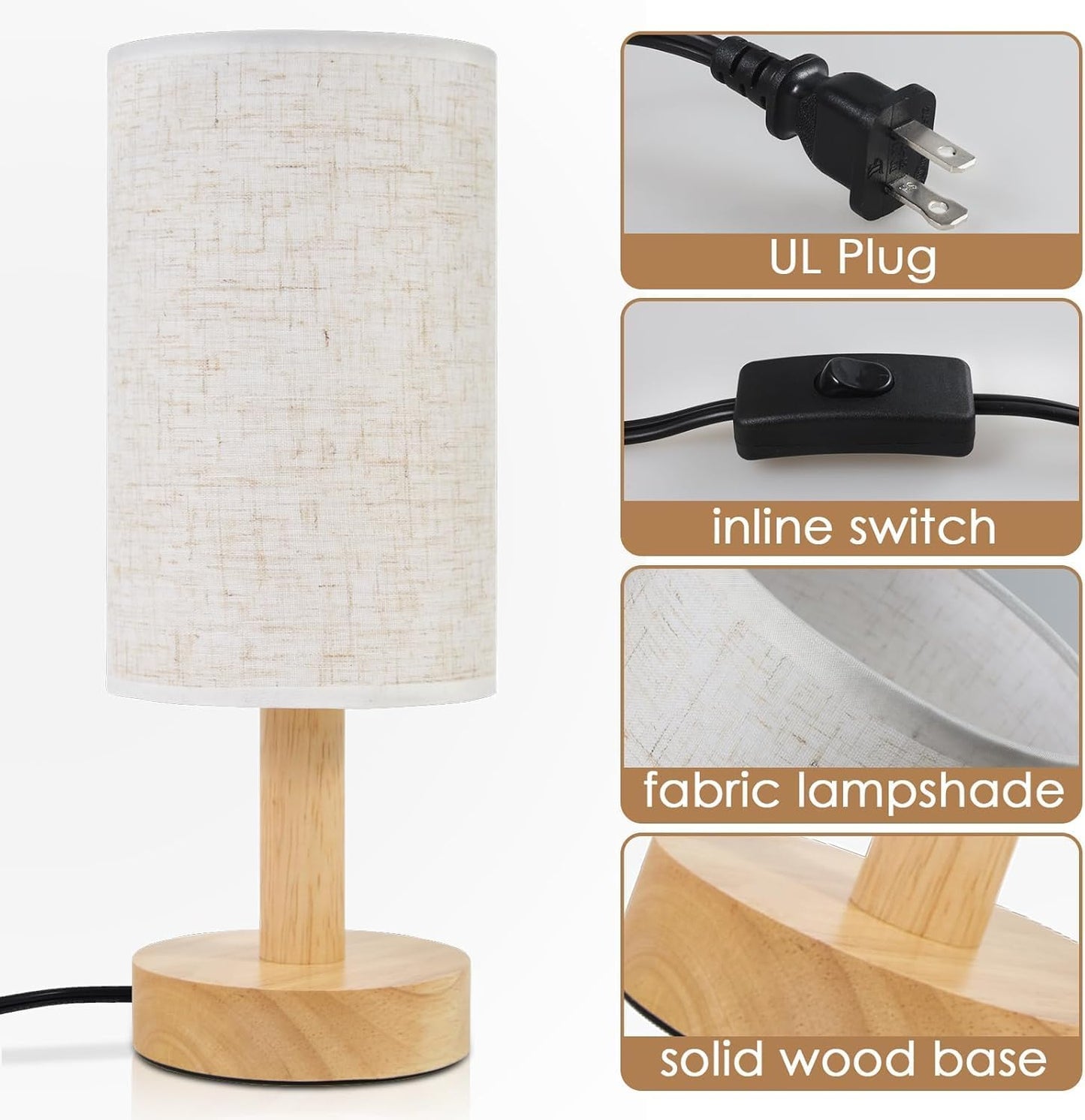 Small Bedside Table Lamps for Bedroom Set of 2,Natural Round Wood Base&Fabric Linen Shade,Cozy Night Light for Study Reading,Minimalist Boho Desk Lamp for Nightstand,Living Room,Nursery,Kitchen,Dorm