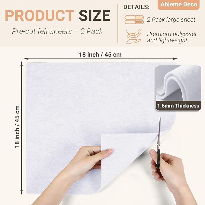 White Felt Fabric Sheets 18" x 18" 1.6mm Soft Craft Felt Squares | Soft Precut