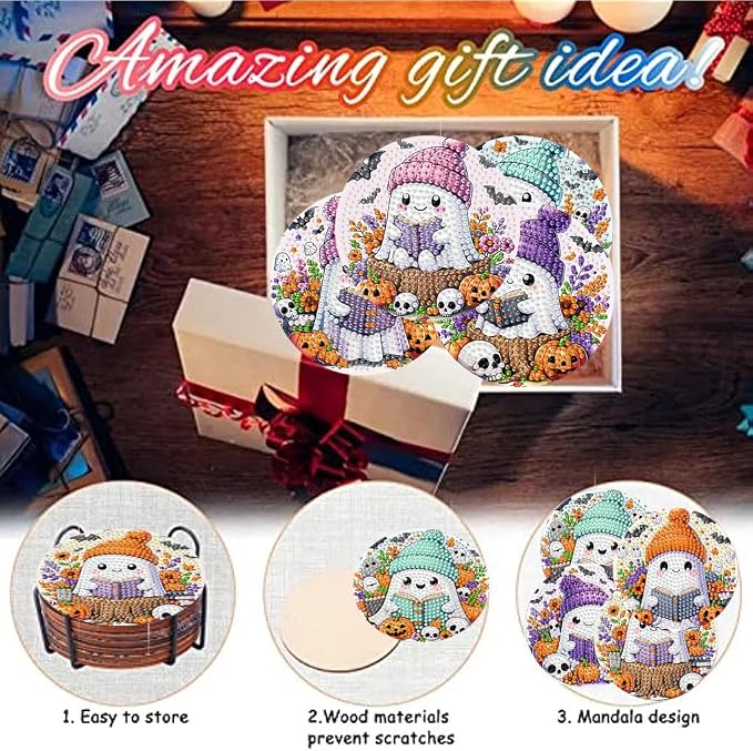8 Pack Diamond Art Coasters, Halloween Ghost Diamond Painting Coasters Kits |