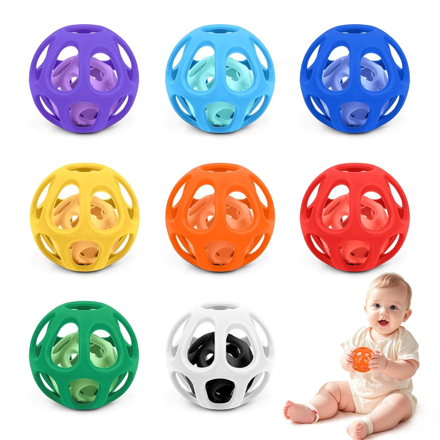 MCGMITT Baby Ball Toy with Holes, 8PCS Easy Grip Food Grade Silicone Baby Toys 0-6 Months, Colorful Soft BPA Free Montessori Baby Teethers 6-12 Months, Stretchy Newborn Infant Sensory Balls
