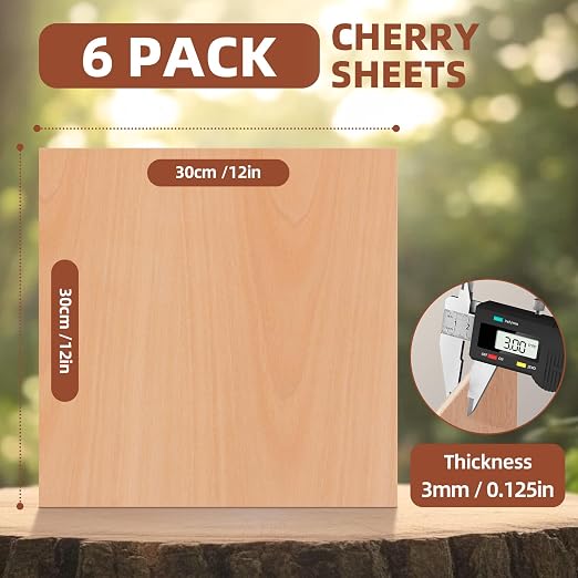 Rowood Cherry Plywood Sheets for Laser Cutting, 6 Pack 3mm Thin Unfinished Wood