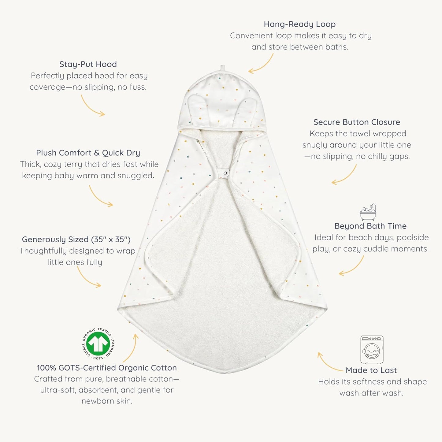 MakeMake Organics Organic Cotton Hooded Towel Baby Toddler GOTS Certified Organic Cotton Beach Poncho Towel Large Absorbent Non Toxic Neutral (Dotty, Diagonally 35"x35")