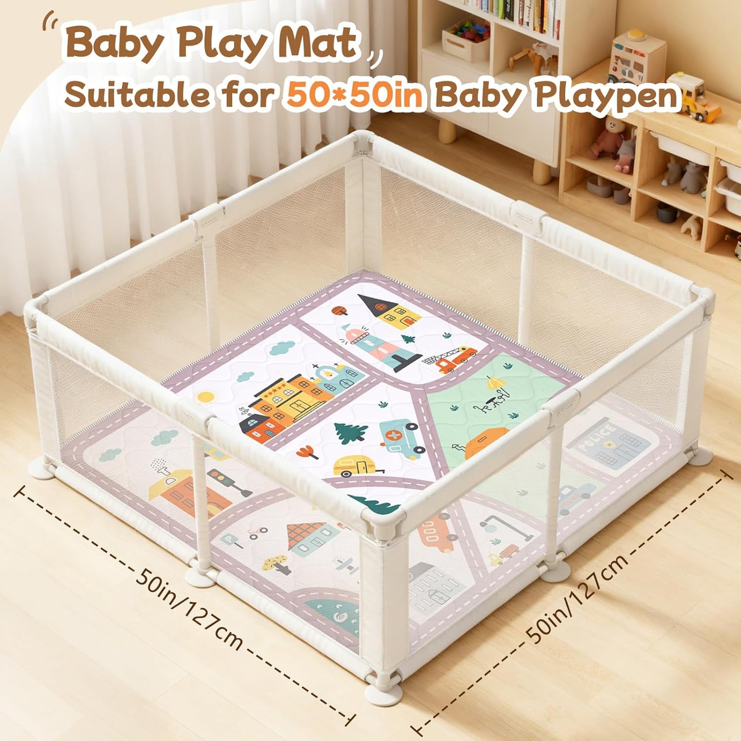 Baby Play Mat for Floor,Soft 50x50 Playpen Mat,Thick Foam Cushioned Playmat for Tummy Time,Safe Non-Slip Backing for Crawling for Kids Toddlers Infants,City Road
