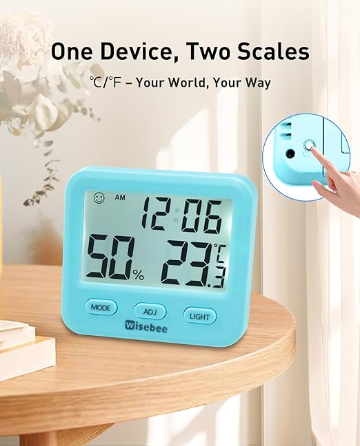 Wisebee Digital Indoor Hygrometer Thermometer, 2.9" Backlit Temperature Humidity Sensor Monitor for Baby Rooms, Home, Office, 1 Pack (Blue)