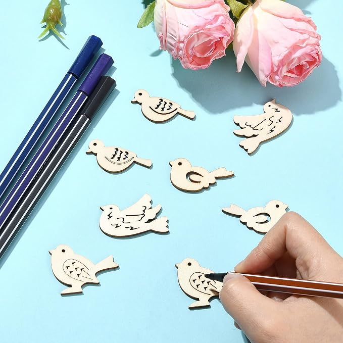 200 Pcs Unfinished Wooden Bird Cutouts Wood Animals Shapes Blank Wood Slices