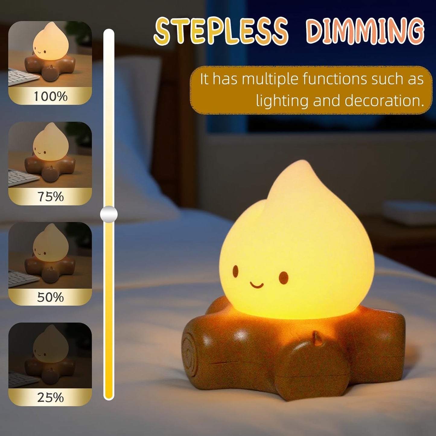 Cute Fake Campfire Lamp with White Noise, 5 Soothing Sounds & Flickering Flame Light, Rechargeable Portable Night Light for Sleep, Relaxation, Camping Decor & Gifts (White Noise Version)