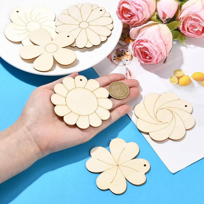 30 Pcs Unfinished Wood Flower Cutouts Wooden Flower Wood Crafts