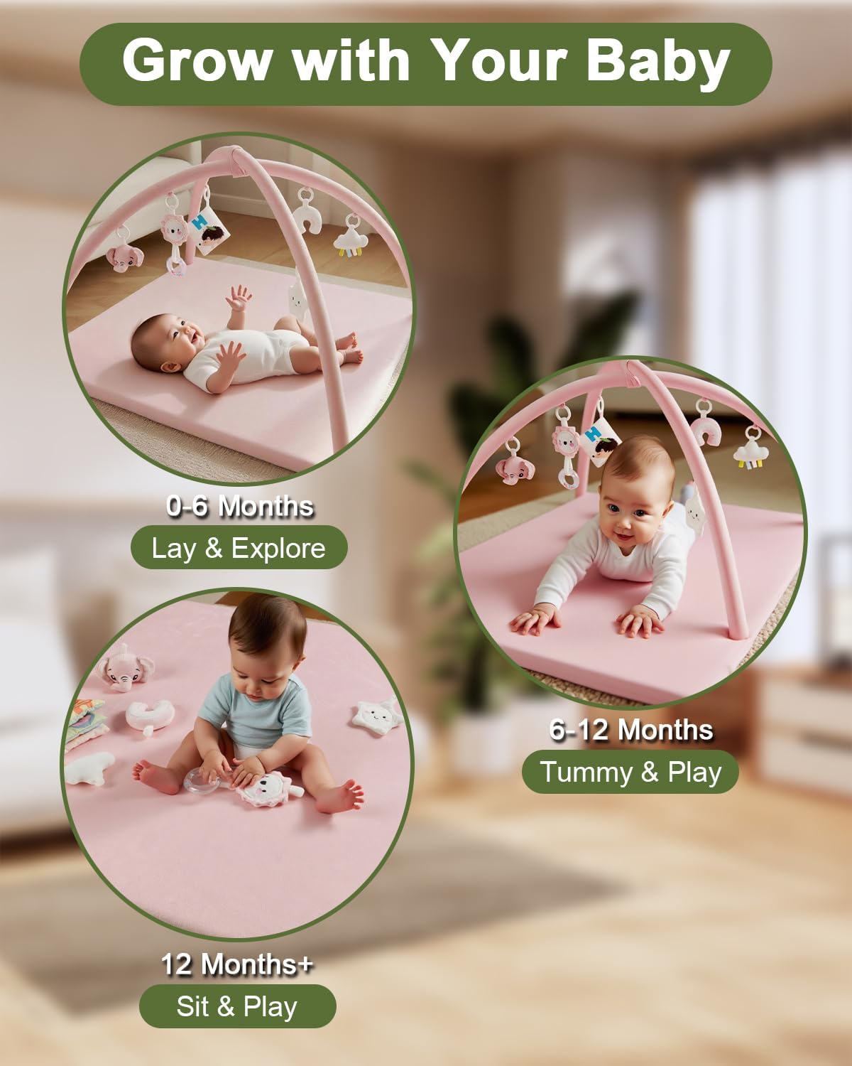 Baby Play Gym with Soft Foam Mat – Removable & Machine Washable Cover, Velvet Tummy Time Mat with 6 Sensory Toys, Non-Slip Activity Mat for Infant Development, Newborn Essentials Gift, Pink