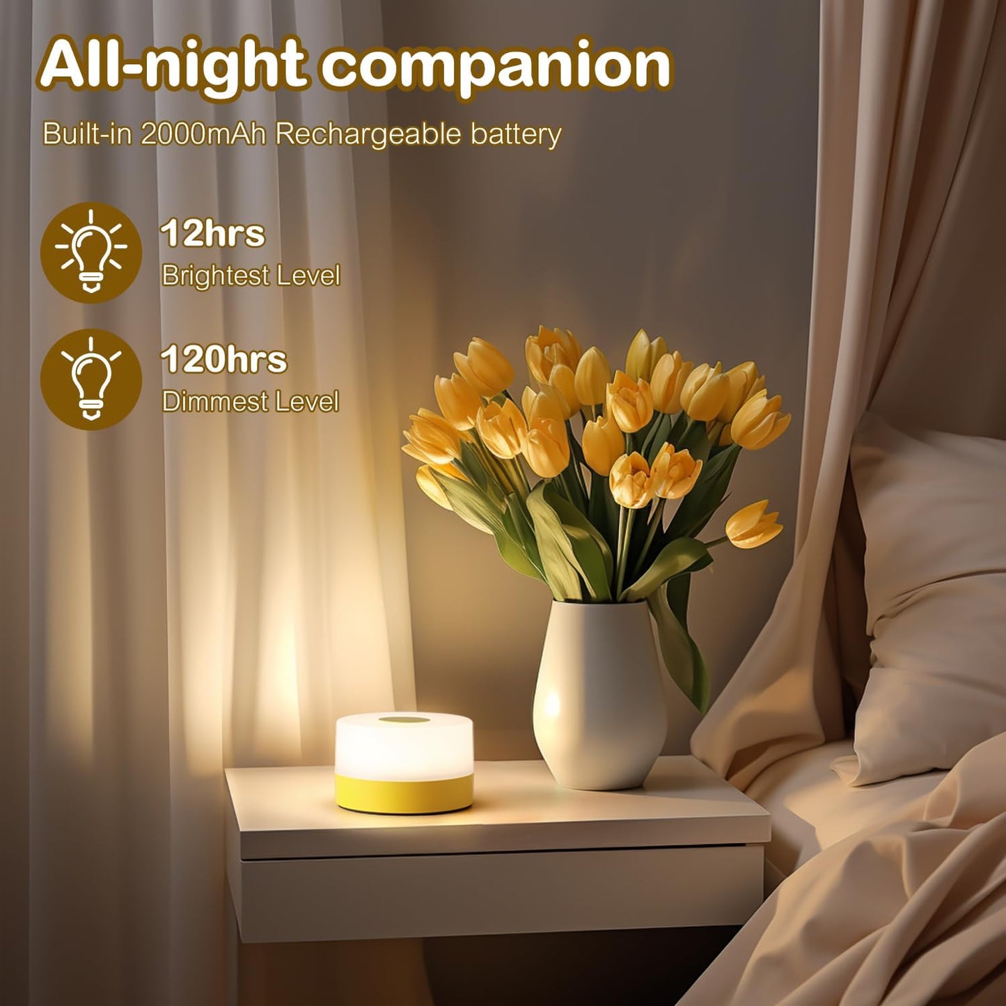 JUSHENG Night Light for Baby Nursery, USB Rechargeable Touch Lamp for Bedroom Nightstand with 3CCT & Dimming Function LED Battery Operated Lamp as Kids Night Light with Cute Design, Bright Yellow