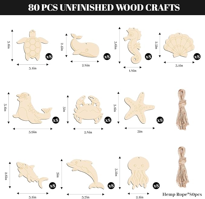 Subacy 80 PCS Unfinished Wood Cutouts 10 Styles DIY Wooden Ocean Ornaments