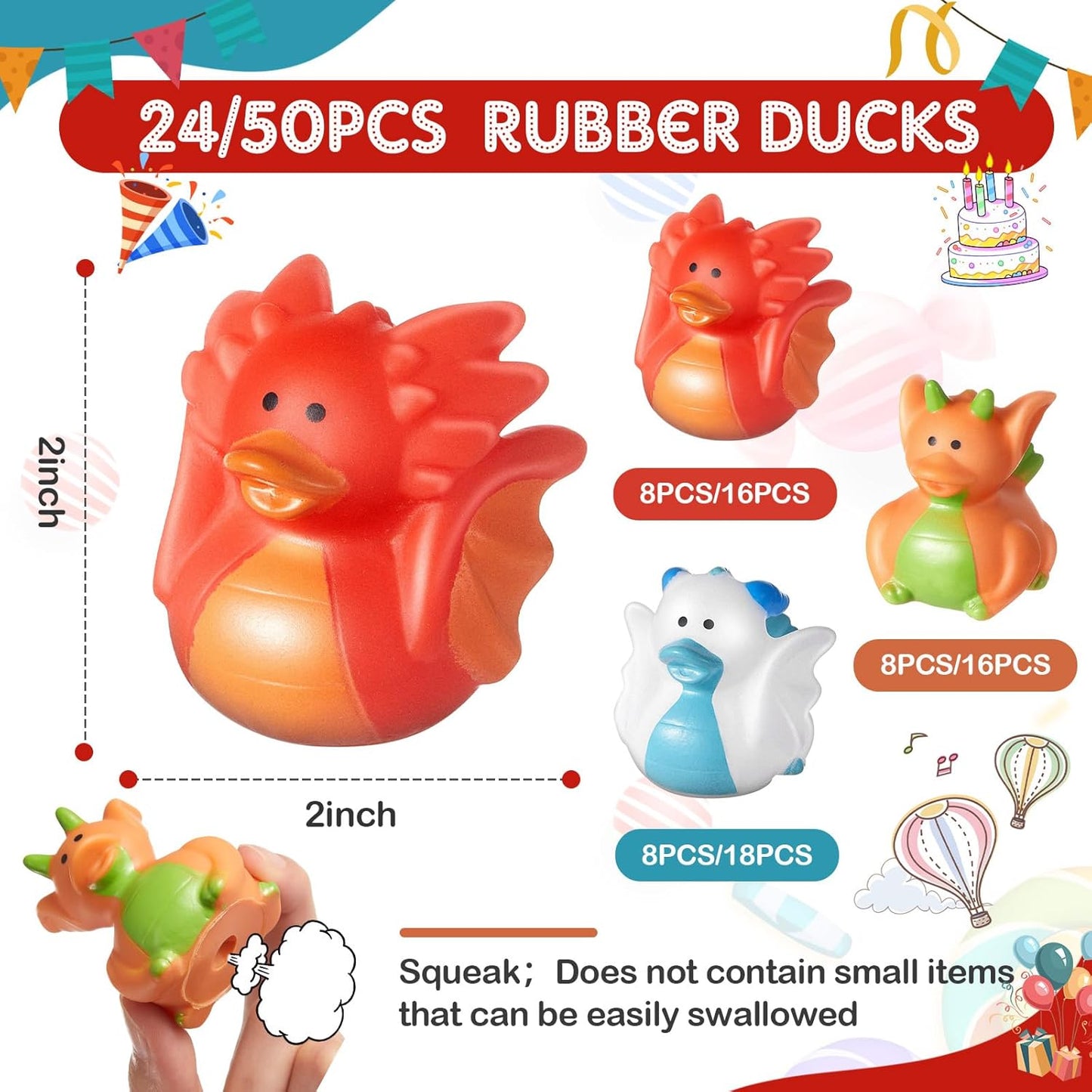 Deekin 50 Pcs Assorted Rubber Ducks in Bulk, 2 Inch Rubber Duckies for Party Supplies, Mini Bath Toys for Baby Shower Pool Party (Dragon)
